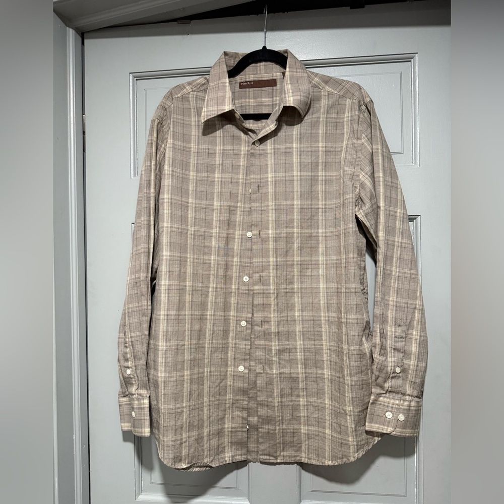 Perry Ellis Beige Plaid Casual Button-Down Shirt